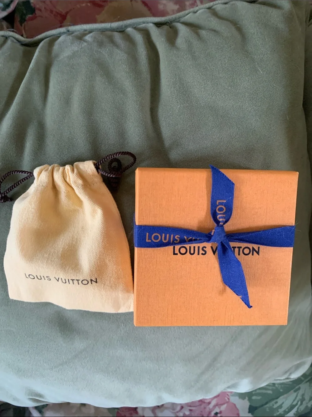 Louis Vuitton Orange Gift Box with Blue Ribbon and Beige Drawstring Pouch